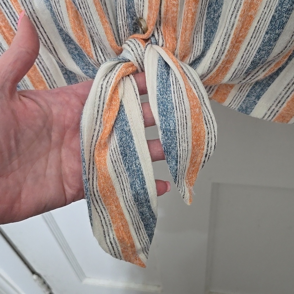 Blue Mood Women's Striped Button-Down Top Tie Waist Blue and Orange 2X - Picture 2 of 5